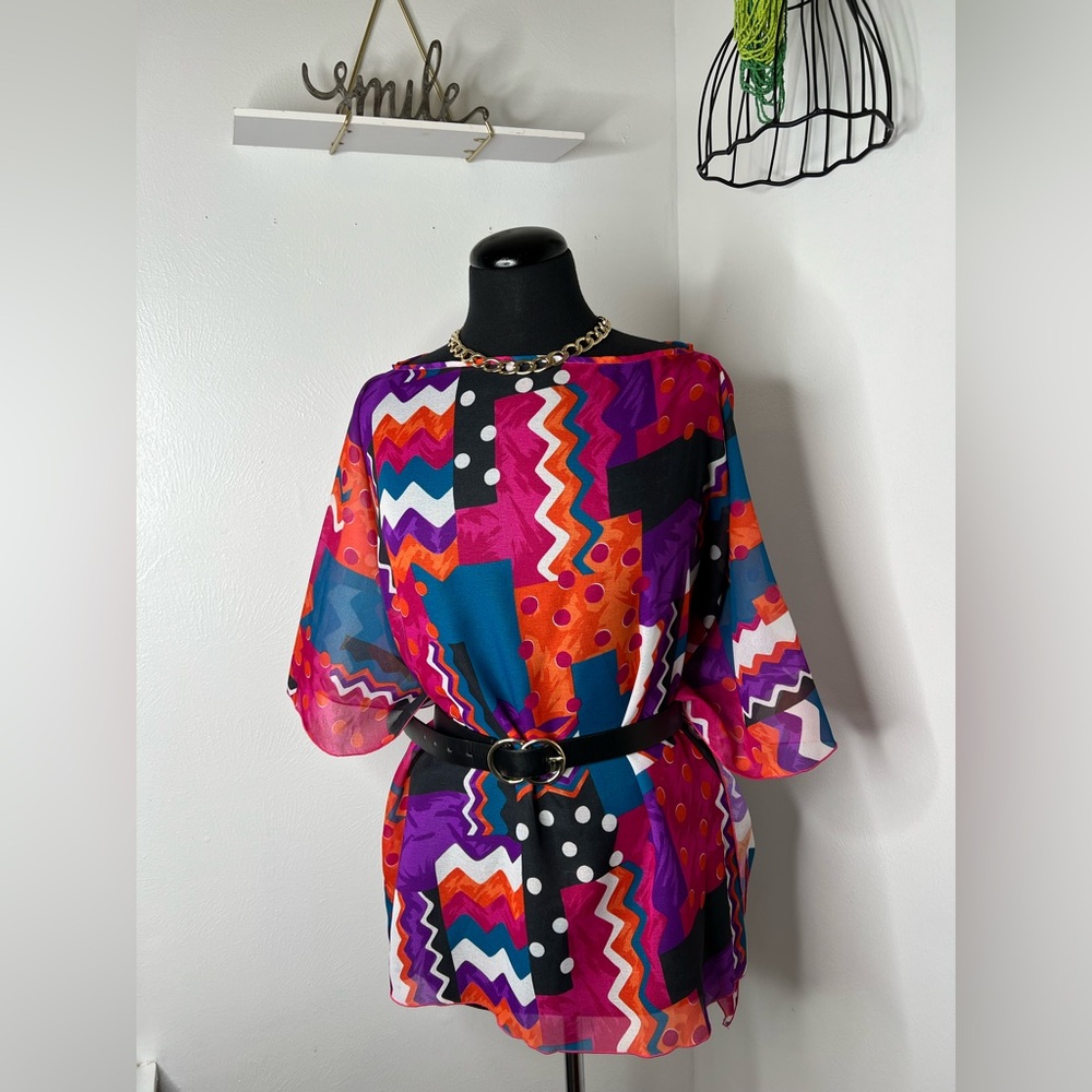 Women's Geometric Print Boat Neck Colorful Sheer Top One Size